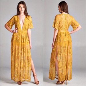 Socialite Mustard Yellow Lace Sheer Maxi Overlay Romper Playsuit